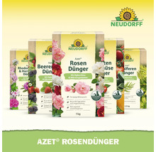 Neudorff Azet Rosendünger und weitere Düngerprodukte für Gartenpflanzen in verschiedenen Packungsgrößen mit Neudorff Logo.