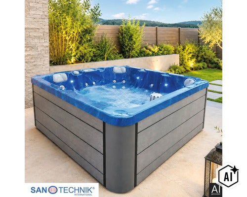 Ein quadratischer Whirlpool von Sanotechnik International steht auf einer Terrasse in einem Garten mit Beleuchtung und Massagedüsen. (Image AI modified or generated)