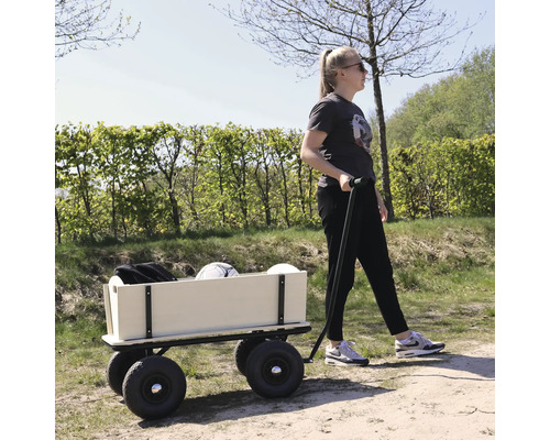 Eine Frau zieht einen Bollerwagen aus Holz mit Gummirädern auf einem Weg im Freien bei sonnigem Wetter.