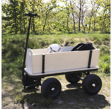 Ein Bollerwagen aus Holz mit vier luftgefüllten Reifen und einer schwarzen Deichsel steht auf einer Wiese.
