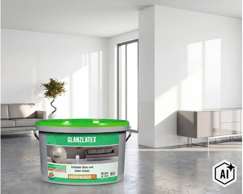 Ein Eimer HORNBACH Glanzlatex Innenfarbe 10 Liter in einem hellen, modern eingerichteten Wohnzimmer. (Image AI modified or generated)