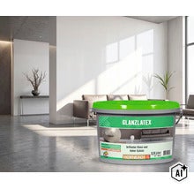 HORNBACH Glanzlatex in einem 2,5 Liter Eimer vor einem modern eingerichteten, hellen Wohnzimmer für glänzende Wandoberflächen im Innenbereich. (Image AI modified or generated)