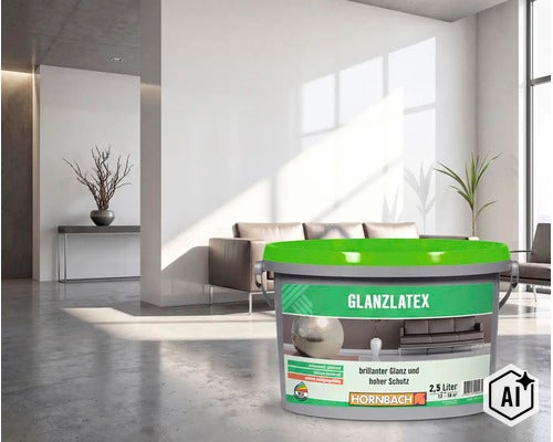 HORNBACH Glanzlatex in einem 2,5 Liter Eimer vor einem modern eingerichteten, hellen Wohnzimmer für glänzende Wandoberflächen im Innenbereich. (Image AI modified or generated)