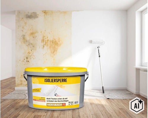 Ein Eimer Hornbach Isoliersperre für die Wandgestaltung zur Abdeckung von Flecken, mit einer Wandhälfte im Vorher und Nachher Vergleich. (Image AI modified or generated)
