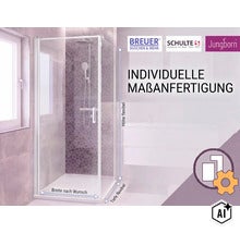 Moderne Eckduschkabine mit verstellbaren Maßen für individuelle Duschlösungen, inklusive Breuer Logo, Schulte Logo und Jungborn Logo. (Image AI modified or generated)