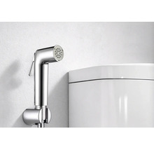 Bidetbrause mit Wandhalterung aus Metall in glänzender Optik neben einer Toilette