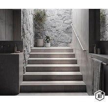 Moderne Treppe in einem Badezimmer mit Natursteinwand, glatten Fliesen, Handlauf und Topfpflanzen im minimalistischen Design. (Image AI modified or generated)