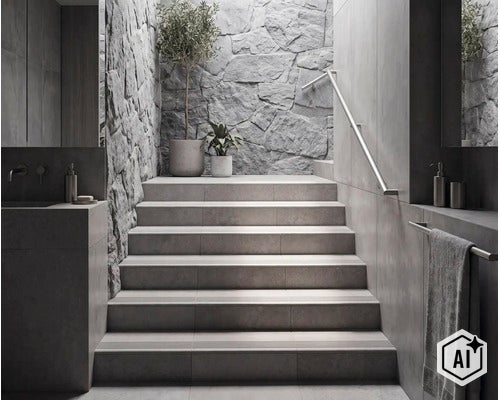 Moderne Treppe in einem Badezimmer mit Natursteinwand, glatten Fliesen, Handlauf und Topfpflanzen im minimalistischen Design. (Image AI modified or generated)