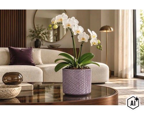 Phalaenopsis Orchidee mit weißen Blüten in einem strukturierten Übertopf auf einem Wohnzimmertisch in einem modernen Wohnbereich. (Image AI modified or generated)
