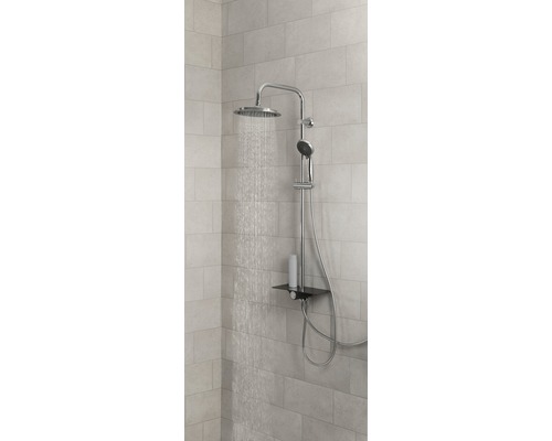 Duschsystem mit Kopf- und Handbrause sowie Ablage im Badezimmer