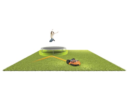 Rasenfläche mit Mähroboter, Trampolin und springendem Kind