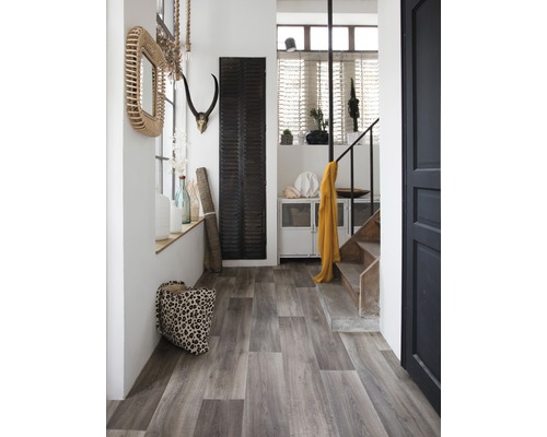 Flur mit Holzboden, Spiegel, Dekoration und Treppe