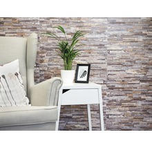 Dekorative Steinwand mit Sessel, Tisch und Zimmerpflanze für ein wohnliches Ambiente.