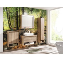 Modernes Badezimmer mit Holzmöbeln, Waschbecken und Spiegelschrank vor einer Waldtapete.