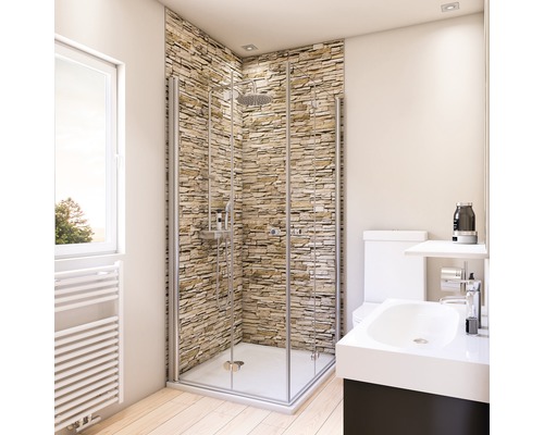 Duschrückwand Breuer Decodesign 1000x2100x3 mm Mauer Optik hell Helles Badezimmer mit Duschkabine, Toilette und Waschbecken