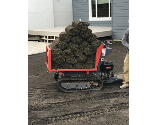 Transportfahrzeug mit Rollrasen für den Gartenbau