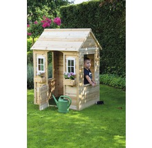 Spielhaus aus Holz mit Fenster und Blumenkästen im Garten