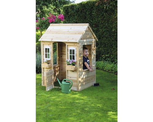 Spielhaus aus Holz mit Fenster und Blumenkästen im Garten