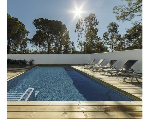 Außenpool mit Holzdeck und Liegestühlen vor Bäumen