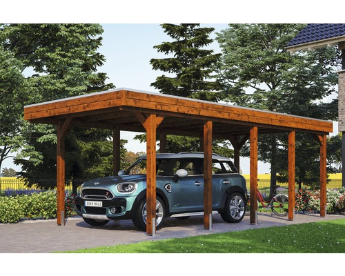 Einzelcarport SKAN HOLZ Friesland inkl. Aluminium-Dachplatten und H-Pfostenanker 314 x 708 cm nussbaum