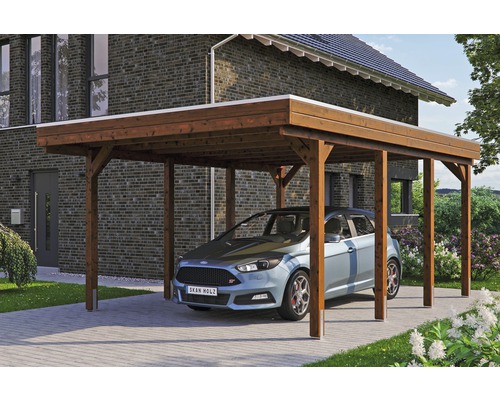 Einzelcarport SKAN HOLZ Friesland inkl. Aluminium-Dachplatten und H-Pfostenanker 397 x 555 cm nussbaum