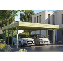 Doppelcarport aus Holz mit zwei geparkten Autos