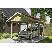 Holz Carport mit rotem Dach und Auto