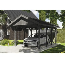 Holzcarport mit Auto im Garten