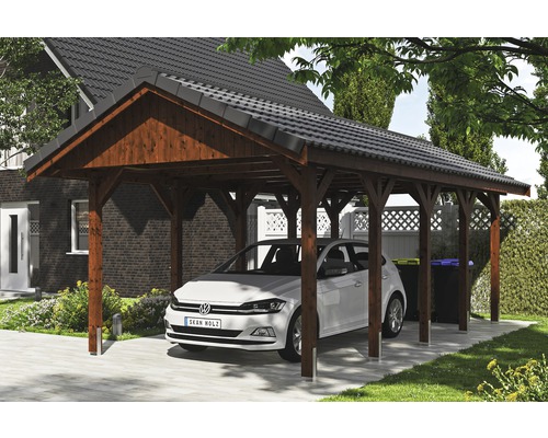 Einzelcarport SKAN HOLZ Wallgau inkl. Dachlattung und H-Pfostenanker 380 x 750 cm nussbaum