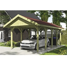 Carport aus Holz mit Auto und Mülltonnen