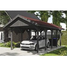 Holzcarport mit rotem Dach und einem geparkten Auto