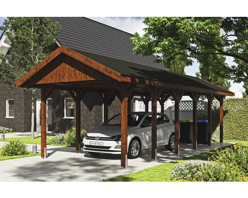 Einzelcarport SKAN HOLZ Wallgau inkl. schwarze Schindeln und H-Pfostenanker 380 x 900 cm nussbaum