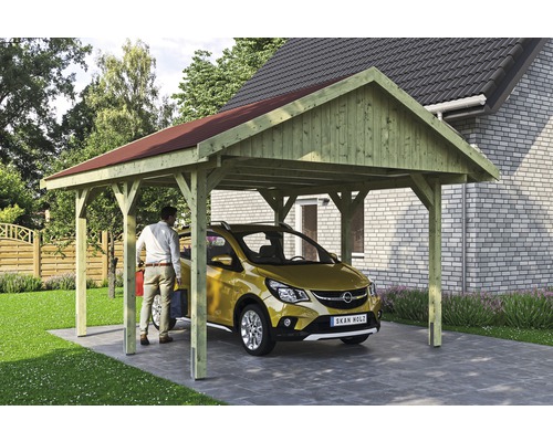 Einzelcarport SKAN HOLZ Wallgau inkl. rote Schindeln und H-Pfostenanker 430 x 500 cm imprägniert