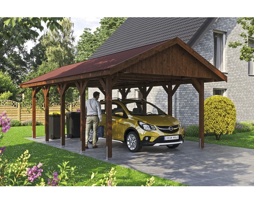 Einzelcarport SKAN HOLZ Wallgau inkl. rote Schindeln und H-Pfostenanker 430 x 750 cm nussbaum