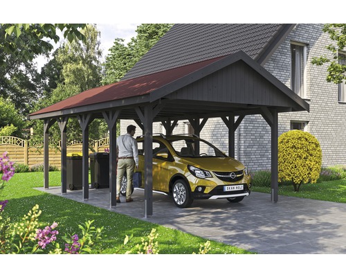 Einzelcarport SKAN HOLZ Wallgau inkl. rote Schindeln und H-Pfostenanker 430 x 750 cm grau