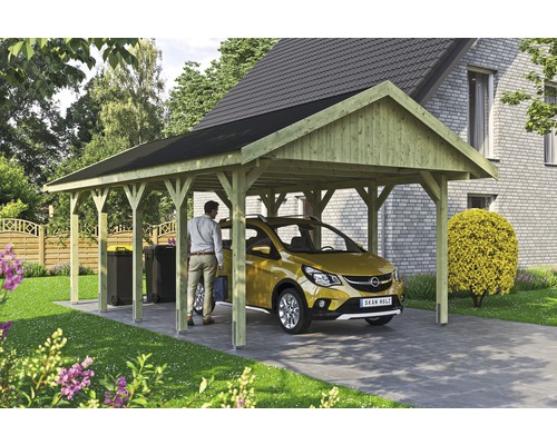 Einzelcarport SKAN HOLZ Wallgau inkl. schwarze Schindeln und H-Pfostenanker 430 x 750 cm imprägniert