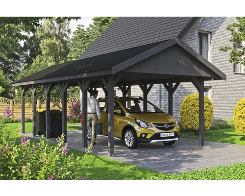 Einzelcarport SKAN HOLZ Wallgau inkl. schwarze Schindeln und H-Pfostenanker 430 x 900 cm grau