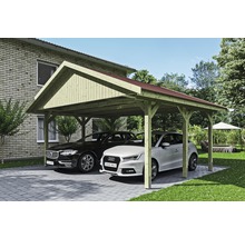 Holzcarport mit zwei parkenden Autos auf gepflastertem Untergrund
