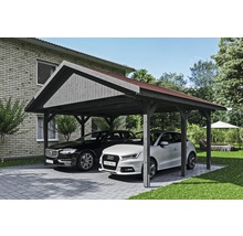 Doppelcarport aus Holz mit zwei geparkten Autos