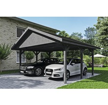 Doppelcarport aus Holz mit zwei geparkten Autos