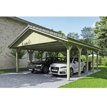 Doppelcarport aus Holz mit zwei geparkten Autos