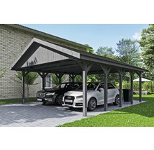 Doppelcarport aus Holz mit zwei parkenden Autos