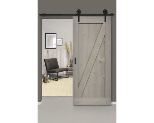 Schiebetür-Komplettset Barn Door Vintage grau grundiert ZBrace Speichen 95x215 cm inkl. Türblatt,Schiebetürbeschlag,Abstandshalter 40 mm und Griff-Set-0