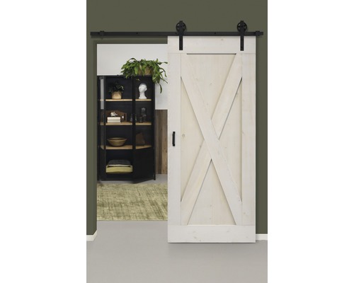 Schiebetür-Komplettset Barn Door Vintage weiß grundiert XBrace Speichen 95x215 cm inkl. Türblatt,Schiebetürbeschlag,Abstandshalter 40 mm und Griff-Set-0