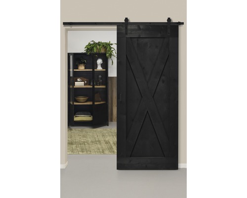 Schiebetür-Komplettset Barn Door Vintage schwarz grundiert XBrace gerade 95x215 cm inkl. Türblatt,Schiebetürbeschlag,Abstandshalter 35mm und Griff-Set