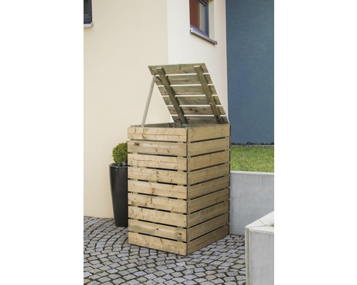 Offene Mülltonnenbox aus Holz im Außenbereich