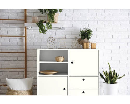 Helle Wohnung mit weißem Regal, Zimmerpflanzen und Dekoration