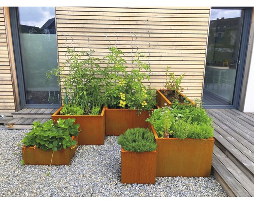 Mehrere bepflanzte, rechteckige Pflanzkästen aus Metall im Garten