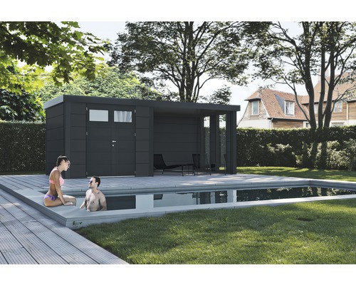 Gartenhaus Classico 3024 inkl. Regenrinne mit Seitendach, Rück- und Seitenwand inkl. Fenster rechts 602 x 258 cm granitgrau Gartenhaus Classico 3024 inkl. Regenrinne mit Seitendach, Rück- und Seitenwand inkl. Fenster rechts 602 x 258 cm granitgrau