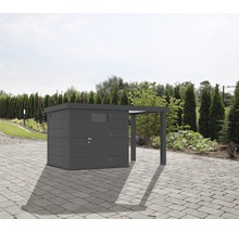 Gartenschrank mit Anbau auf gepflasterter Fläche